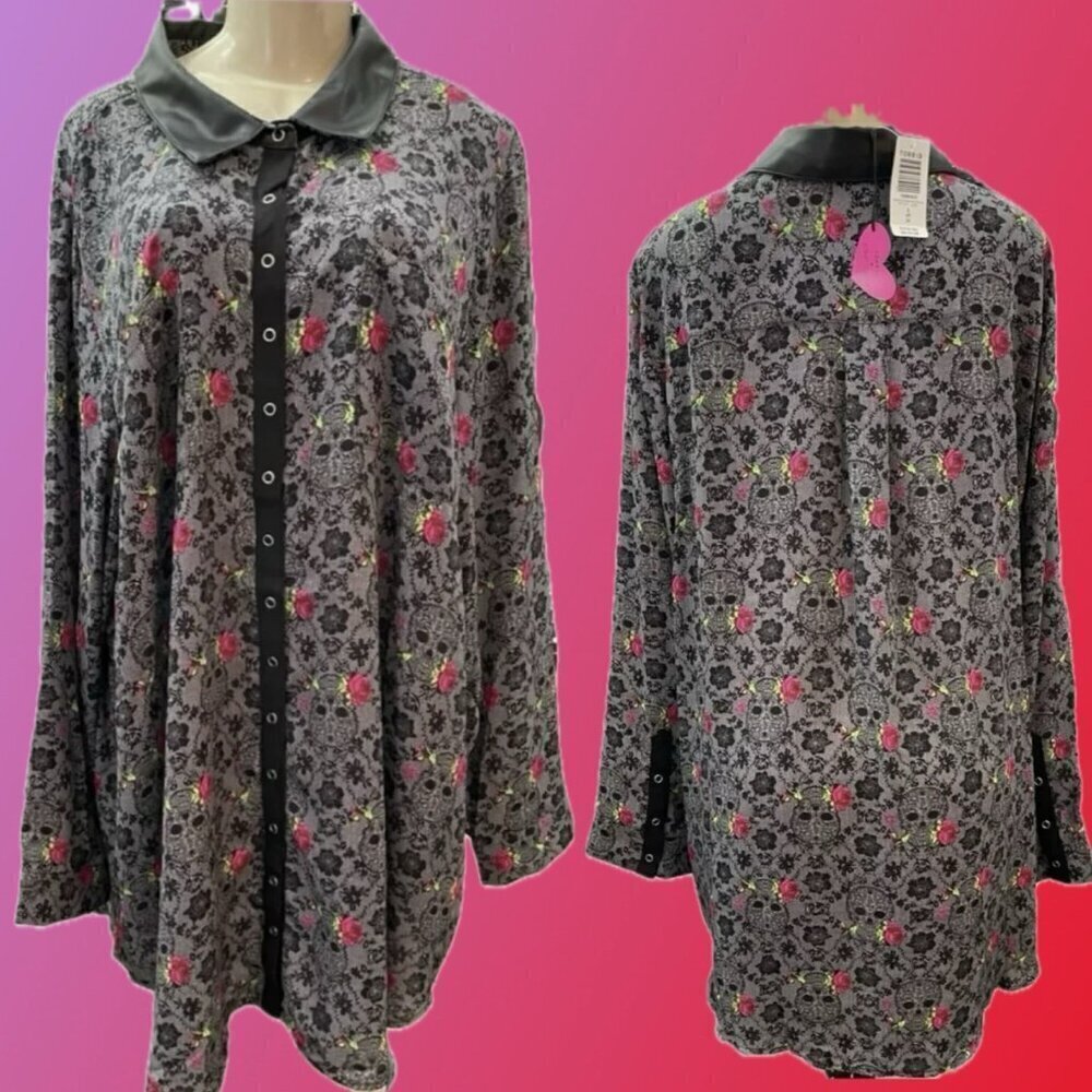 Betsey Johnson +6 Gray Faux Leather Detail Skull/Rose Graphic Long Sleeve Shirt